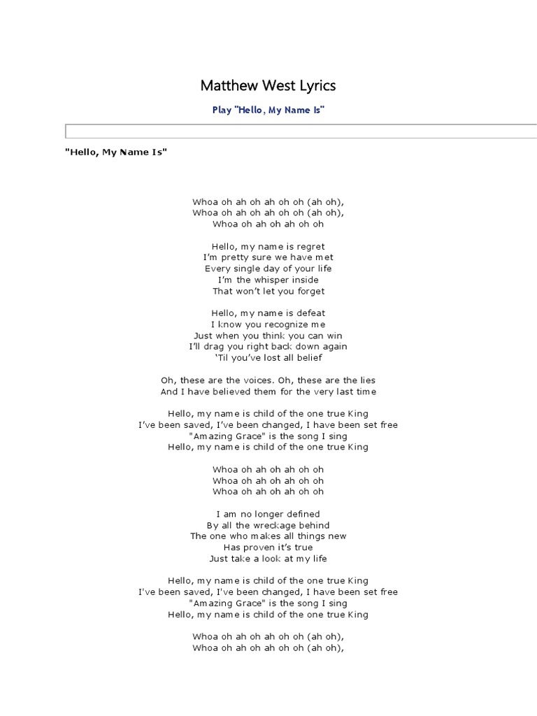 Matthew West Lyrics: Play &ldquo;Hello, My Name Is&rdquo; | PDF | Leisure