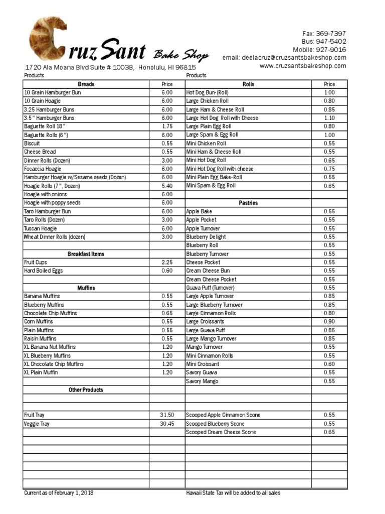 Price List PDF Muffin Baking