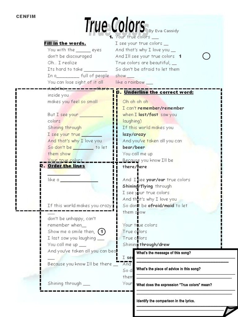 True Colors SONG Worksheet PDF Leisure