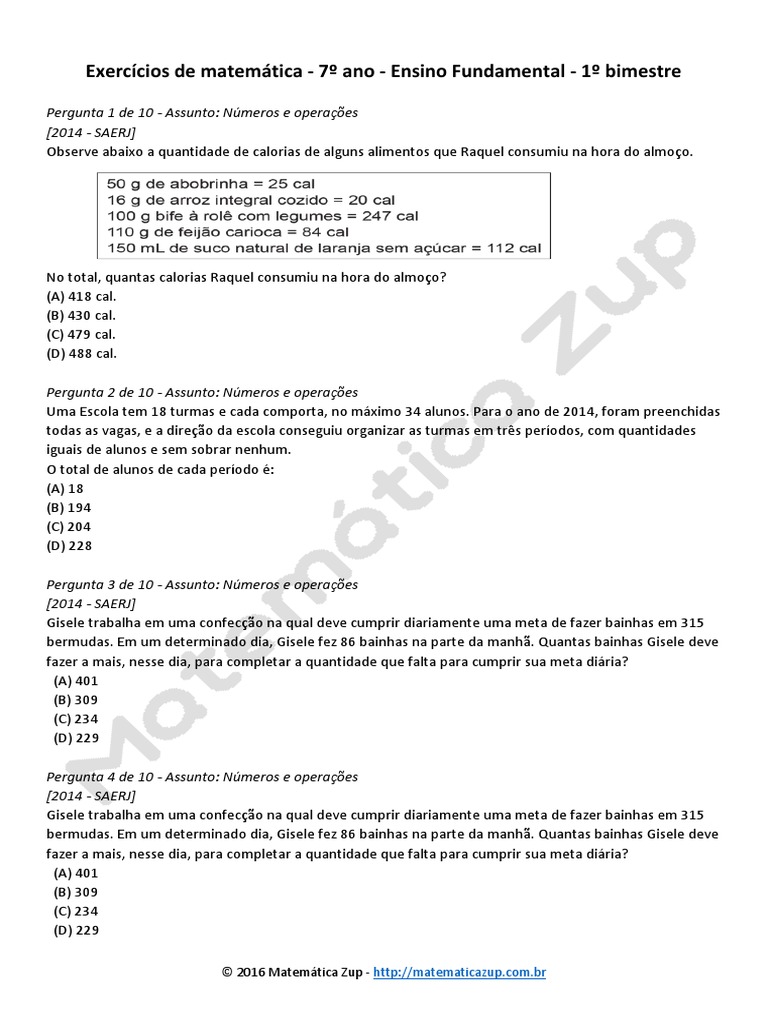 Lista de Exercicios de Matematica 7 Ano 1 Bim PDF | PDF | Ensino de ...