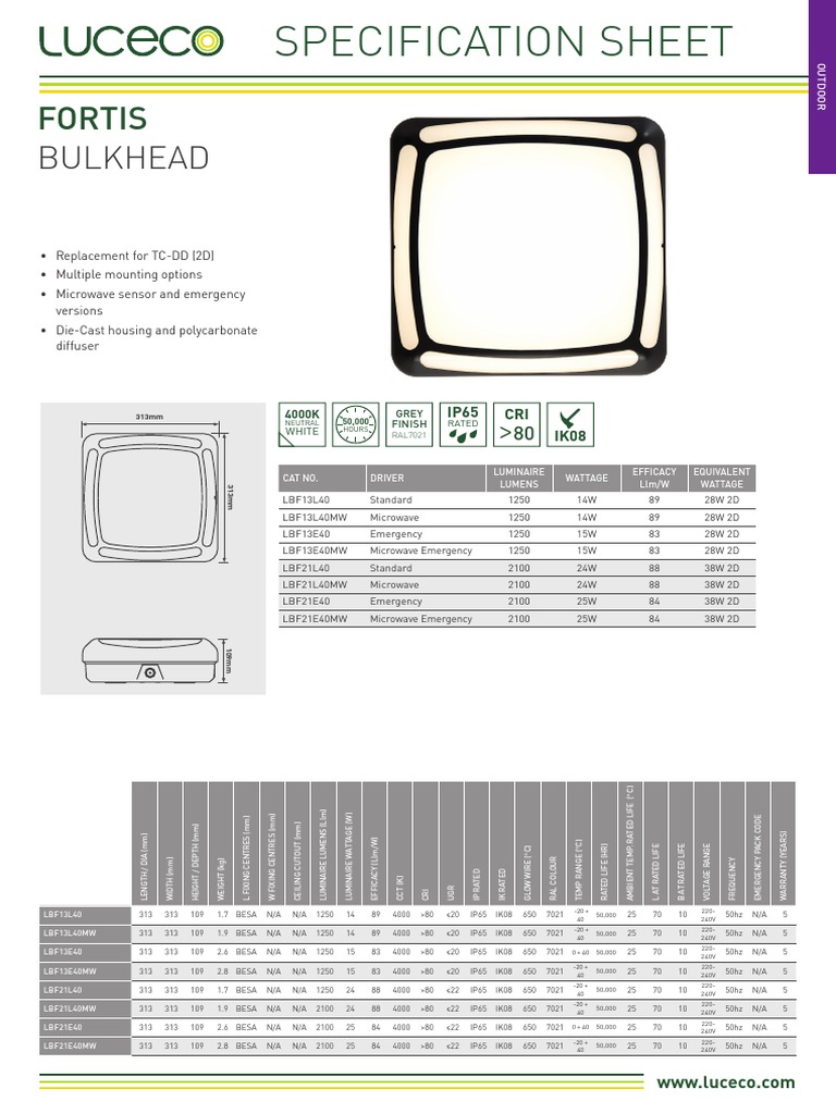 Fortis Bulkhead Luminaire Specs | PDF | Electrical Engineering ...