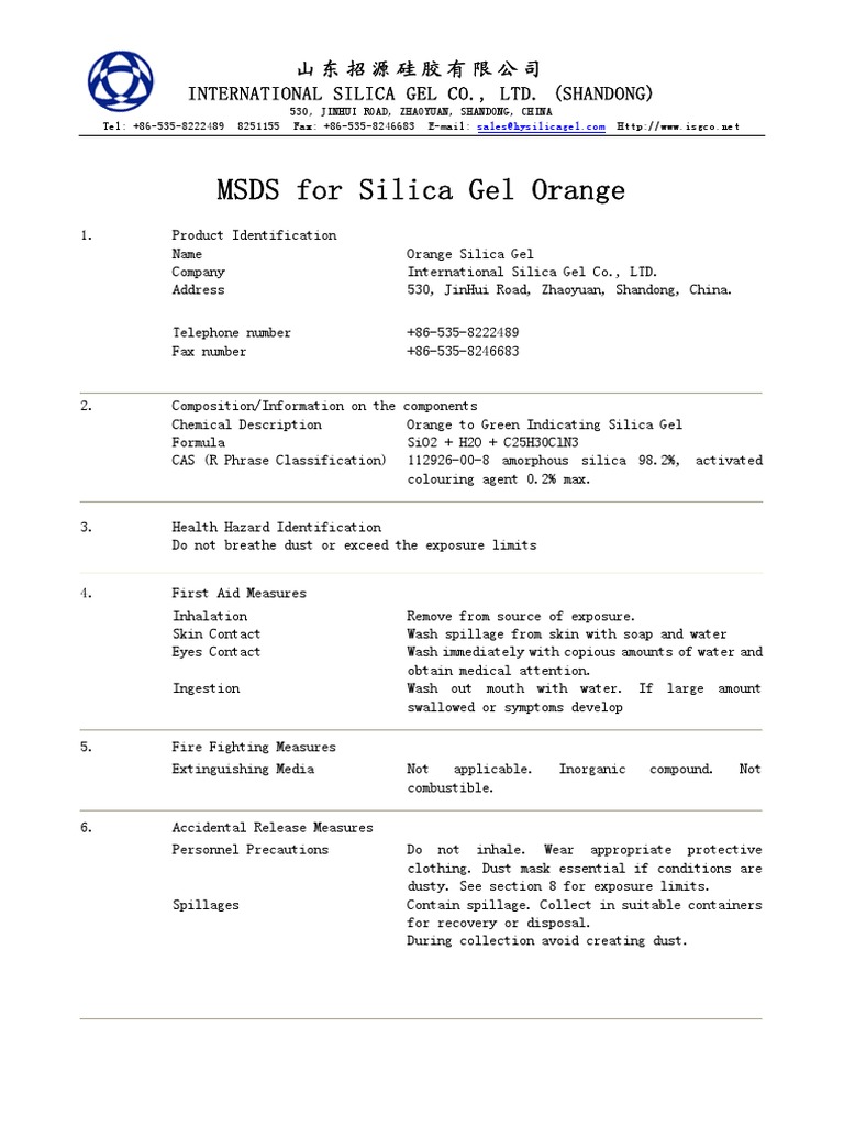 MSDS For Silica Gel Orange PDF Silicon Dioxide Toxicity