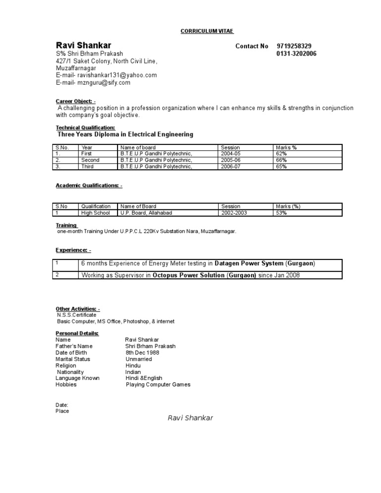 Ravi Shankar's Electrical Engineering CV | PDF