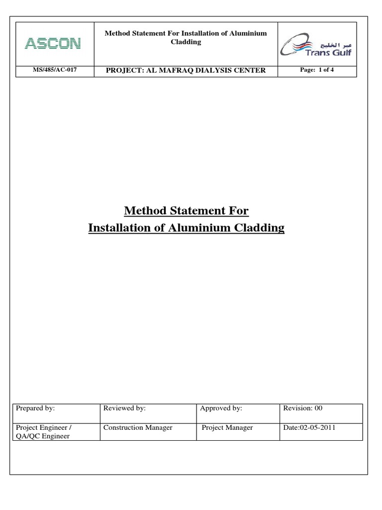 Aluminium Cladding Method Statement Duct (Flow) Pipe (Fluid Conveyance)