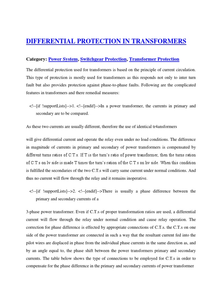 Transformer Differential Protection Explained | PDF | Transformer | Relay