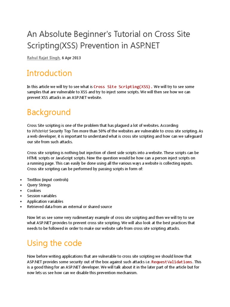 Tutorial On Cross Site Scripting (XSS) Prevention in | PDF | Web ...