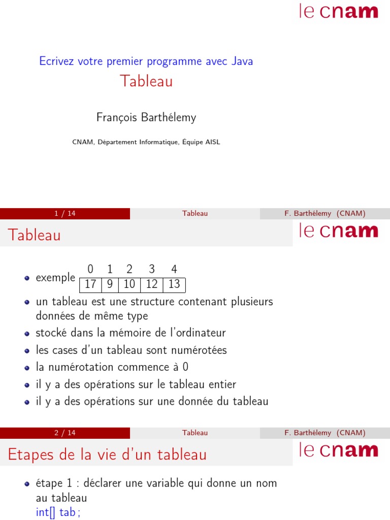 Cnam Programmation Objet : Premiers Pas En Java Ecrivez Votre Premier Programme Avec Java | PDF | Tableau (structure de  données) | Java (Langage de programmation)
