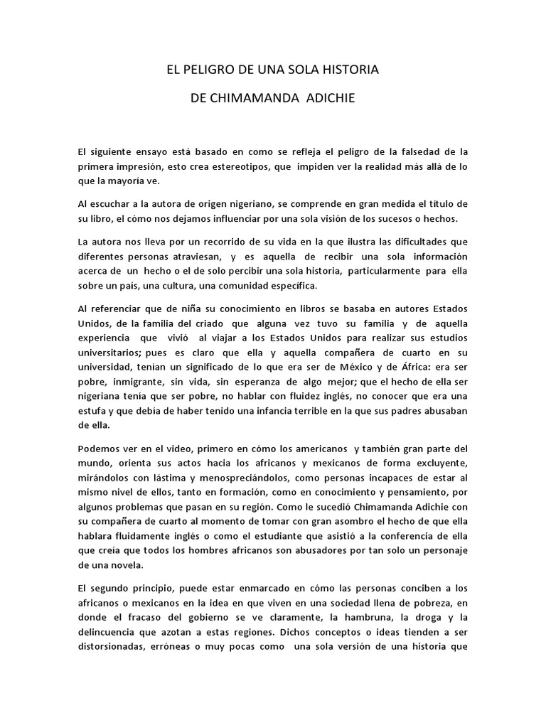 El Peligro de Una Sola Historia PDF Conocimiento Realidad