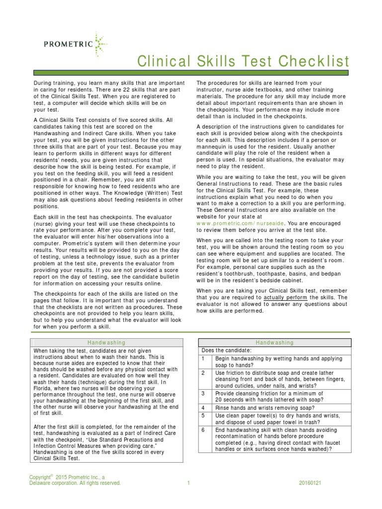 CNA Skills Check List Hand Washing Infection Control