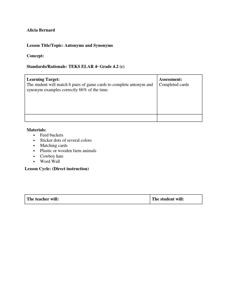 Antonyms & Synonyms Lesson Plan | PDF | Vocabulary | Teachers