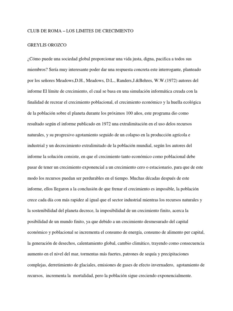 Ensayo - Club de Roma - Limites de Crecimiento | PDF | Crecimiento  económico | Desarrollo sostenible