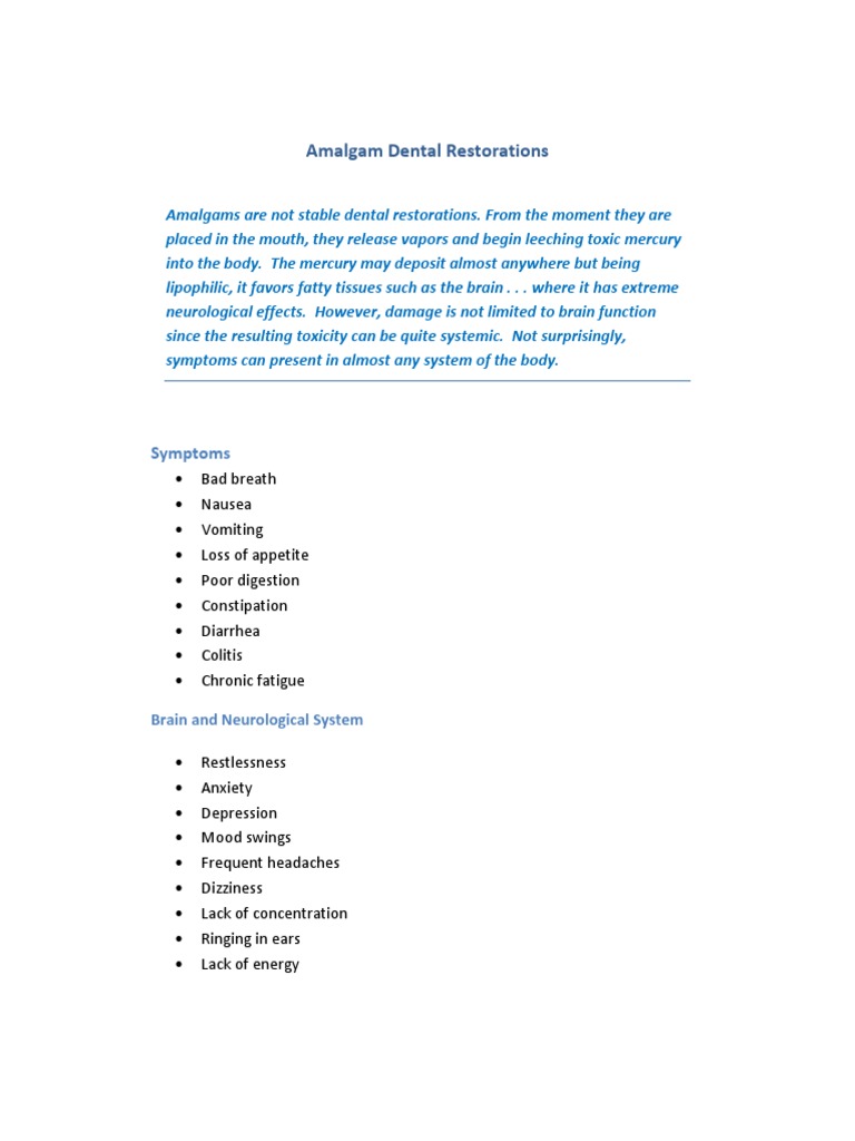 Amalgam Dental Restorations Symptoms PDF