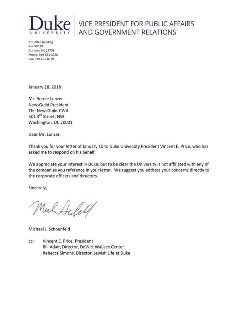 Michael Schoenfeld Letter To Bernard Lunzer | PDF