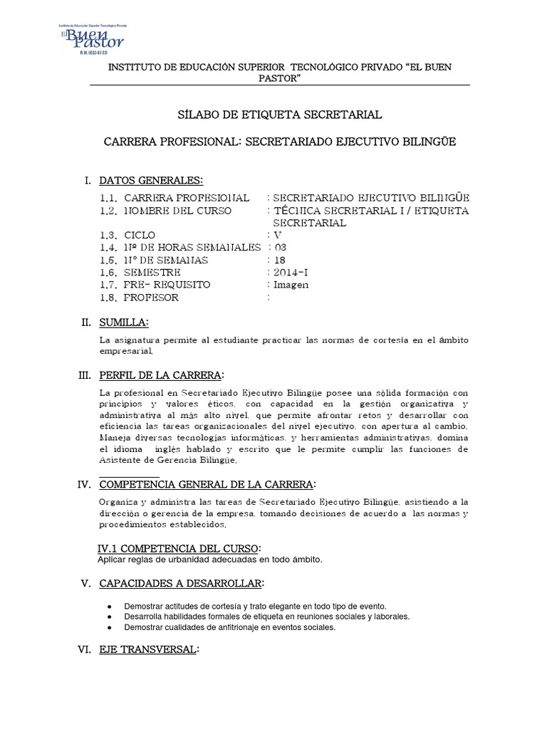 Sílabo de Etiqueta Secretarial Carrera Profesional - Secretariado Ejecutivo  Bilingüe | PDF | Etiqueta | Moodle
