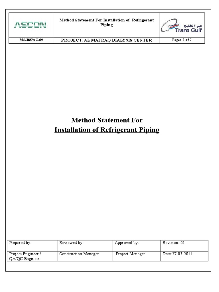 Method Statement Refrigerant Piping Pipe (Fluid Conveyance) Tools