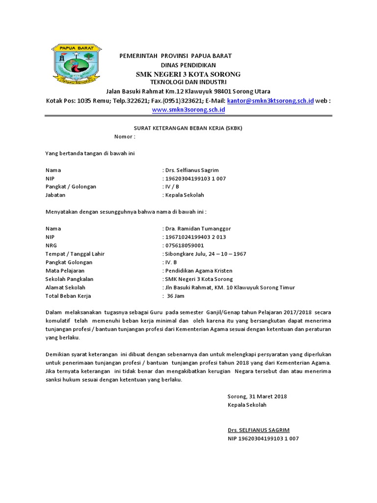 Surat Keterangan Beban Kerja Skbk Depag 2018