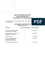 Sijil Pelajaran Malaysia Oral English Test Statement of Achievement