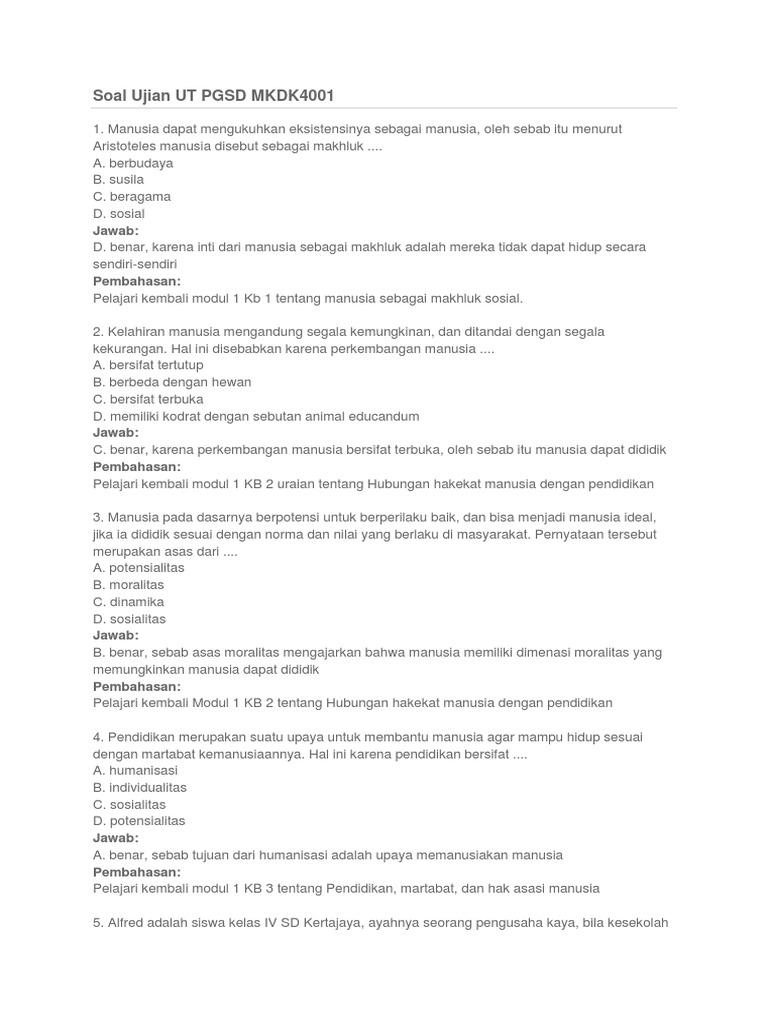 Soal Ujian Ut Pgsd Mkdk4001