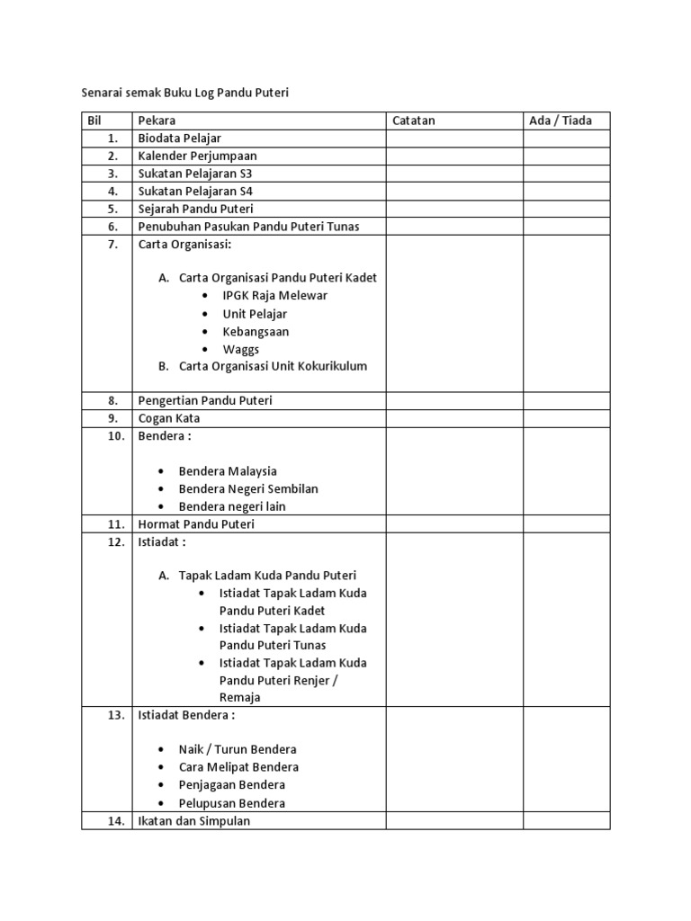 Senarai Semak Buku Log Pandu Puteri Pdf