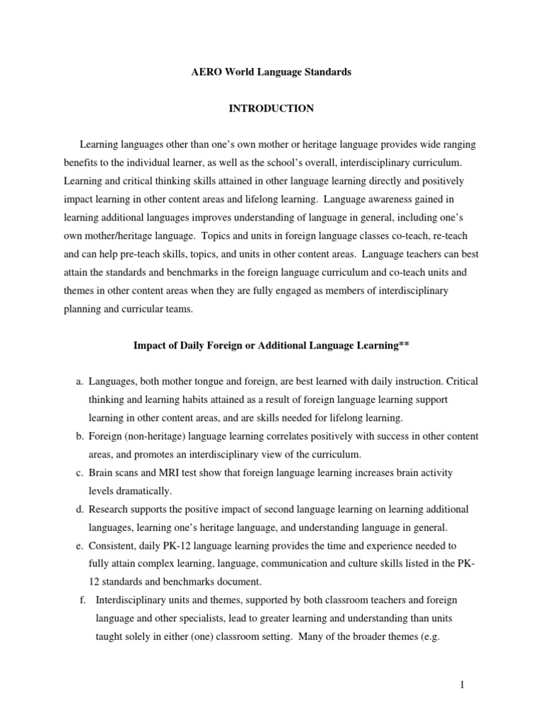 AERO World Language Standards PDF Second Language Foreign Language