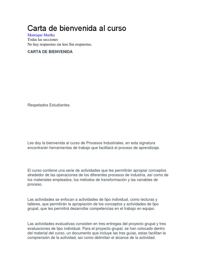 Carta de Bienvenida Al Curso