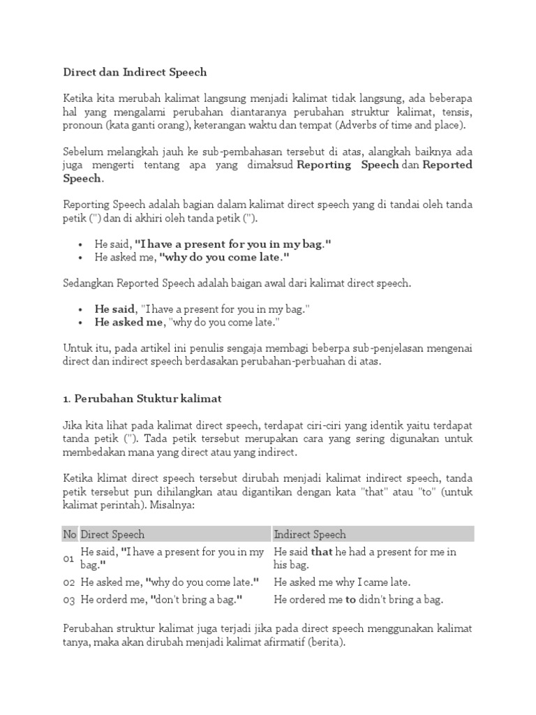 Direct Dan Indirect Speech Pdf Tense Tata Bahasa Sintaksis