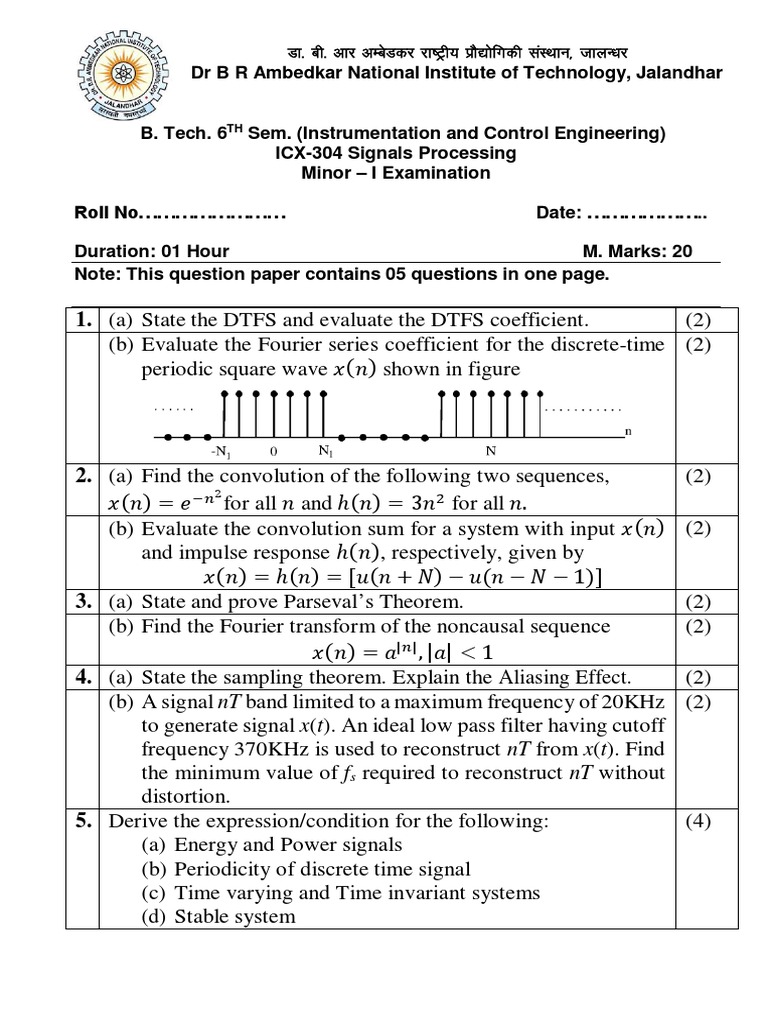Digital Signal Processing Question Paper Minor 1 PDF