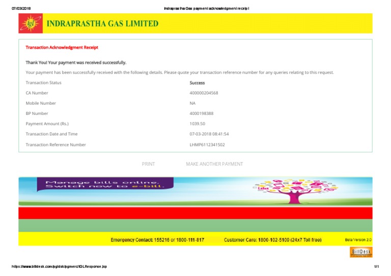 Indraprastha Gas Payment Acknowledgment Receipt