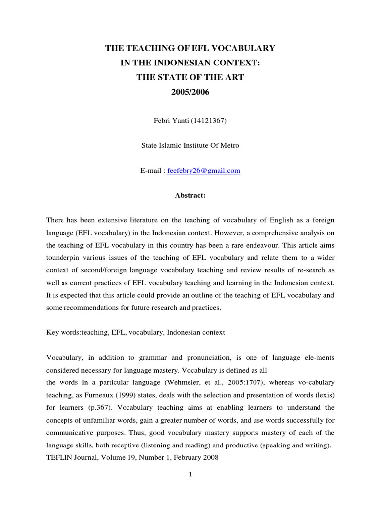 The Teaching of Efl Vocabulary in The Indonesian Context: The State of ...