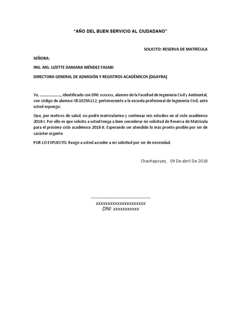 Ejemplo Solicitud Reserva De Matricula