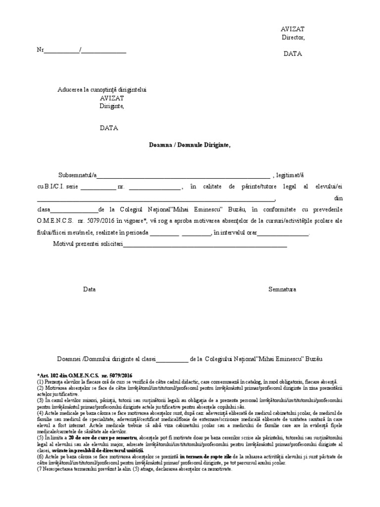 Cerere Motivare Absente