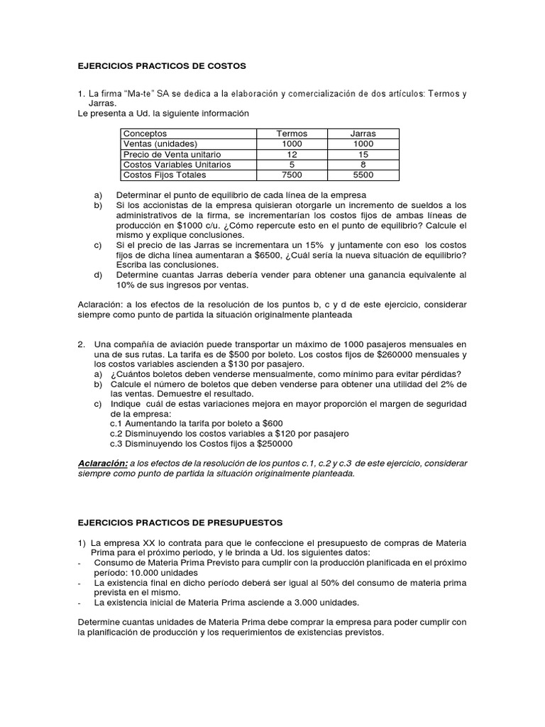 Ejercicios de Costos y Presupuestos Empresariales | PDF | Presupuesto ...