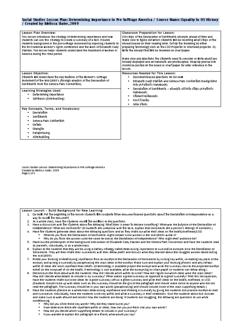 Declaration of sentiments lesson plan
