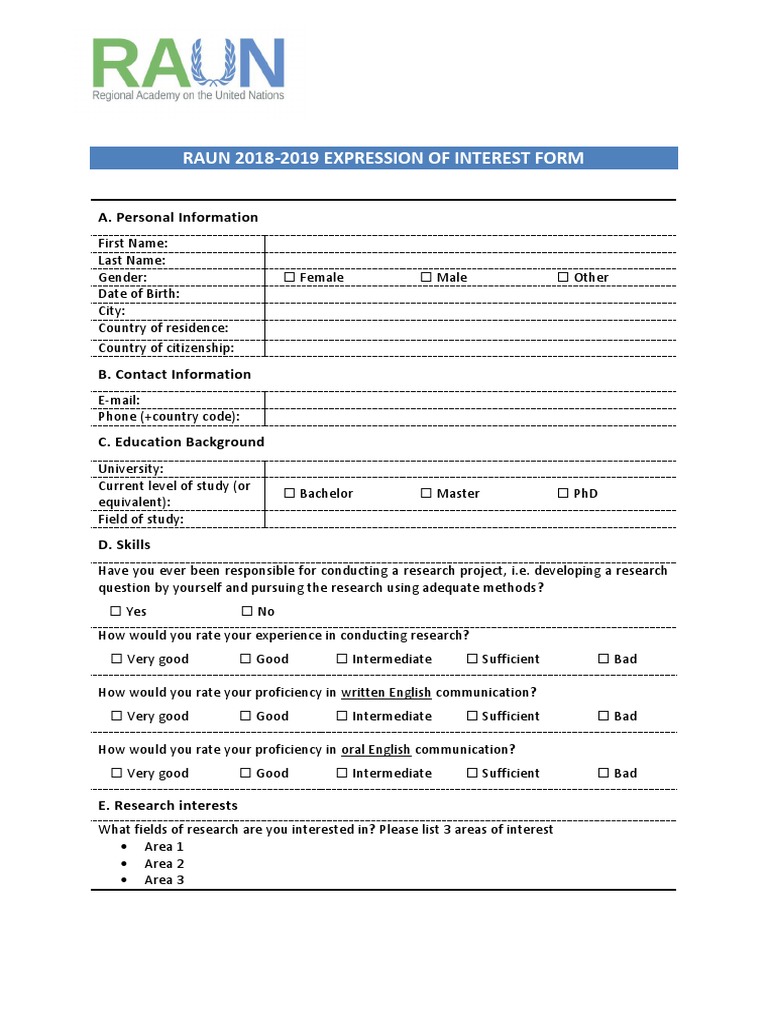Raun 2018-2019 Expression of Interest Form: A. Personal Information | PDF