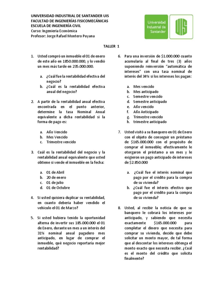 Taller 1 - Matematica Financiera y Tasas de Interes | PDF | Interés ...