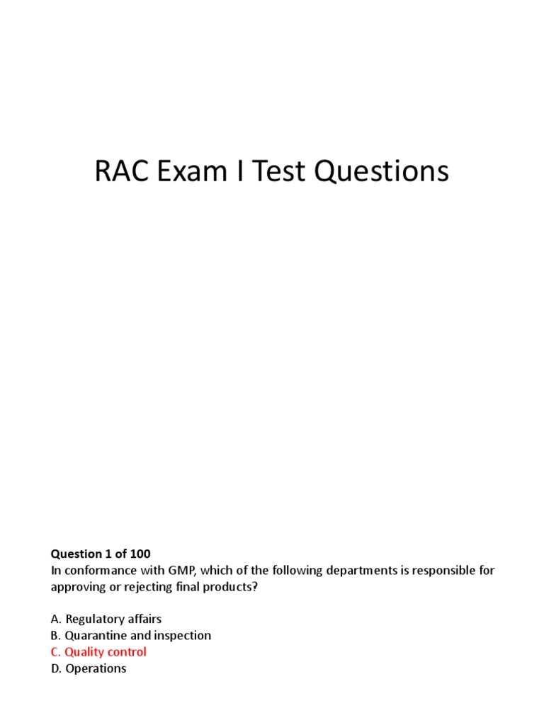 RAC Exam I Test Questions_Flash Cards Answer_key (1) Food And Drug