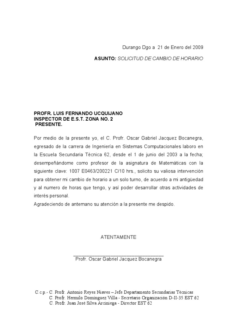 Carta de solicitud de cambio de turno escolar