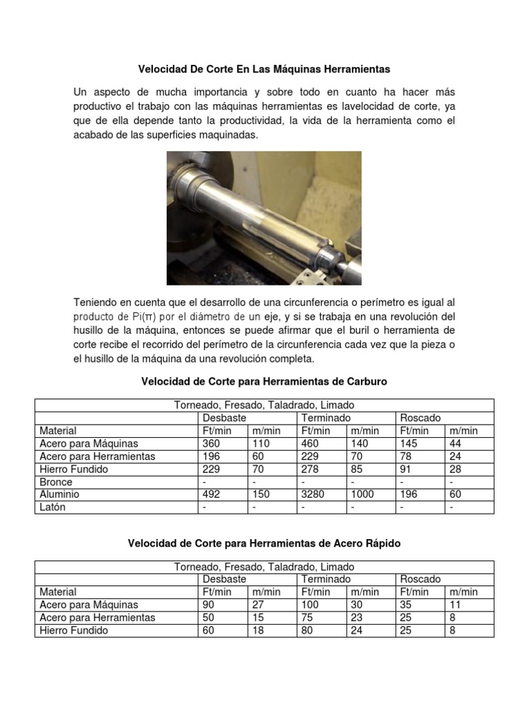 Velocidad de Corte y RPM en Las Máquinas y Herramientas Herramientas Pi