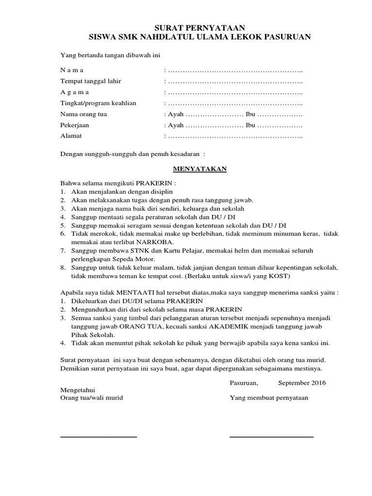 Contoh Surat Pernyataan Prakerin Siswa Pdf