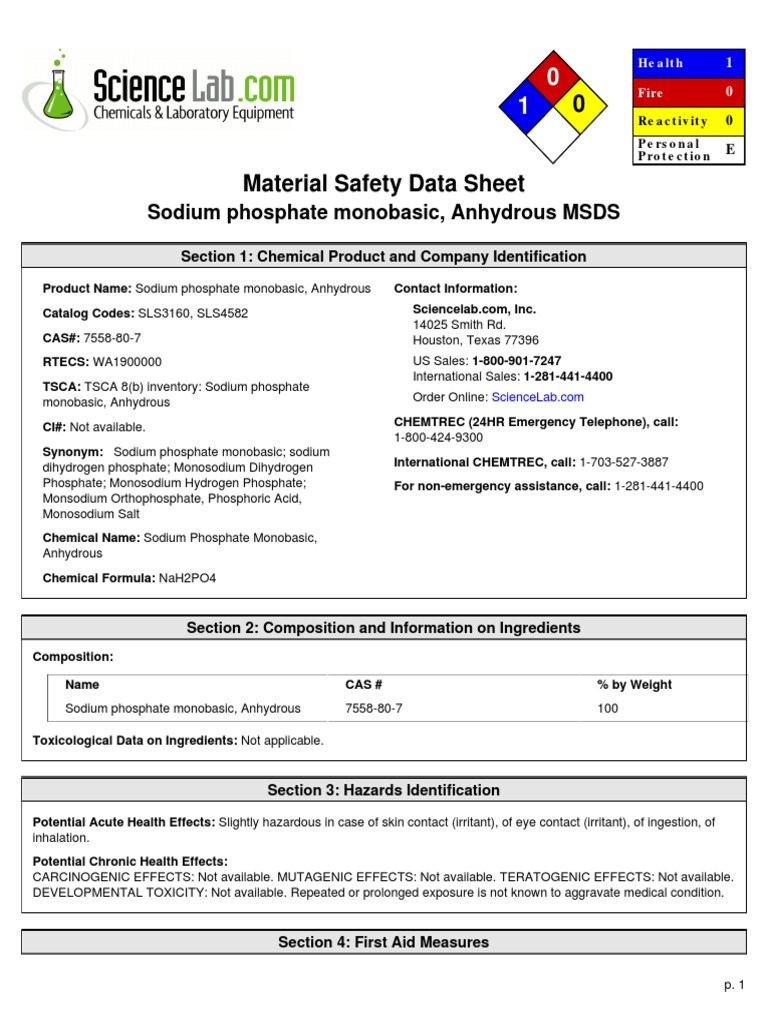 MSDS Na2HPO4 (Monosodium Phospate) Atau Disodium Dihydrogen Phospate) Toxicity Water