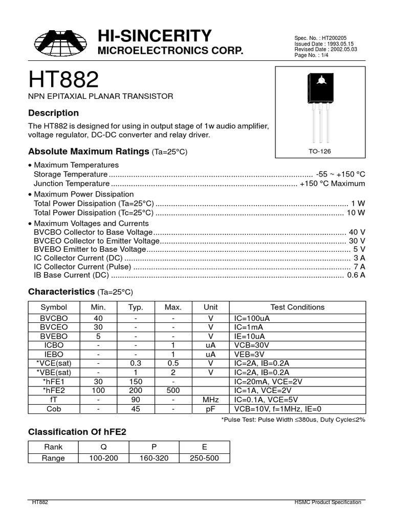Ht882 NPN Epitaxial Planar Transistor | PDF | Bipolar Junction ...