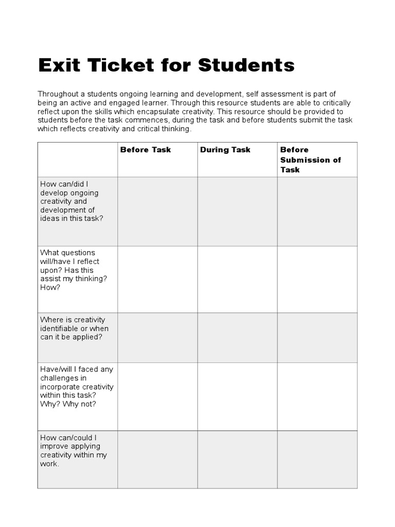 Student Exit Ticket for Creativity Reflection | PDF