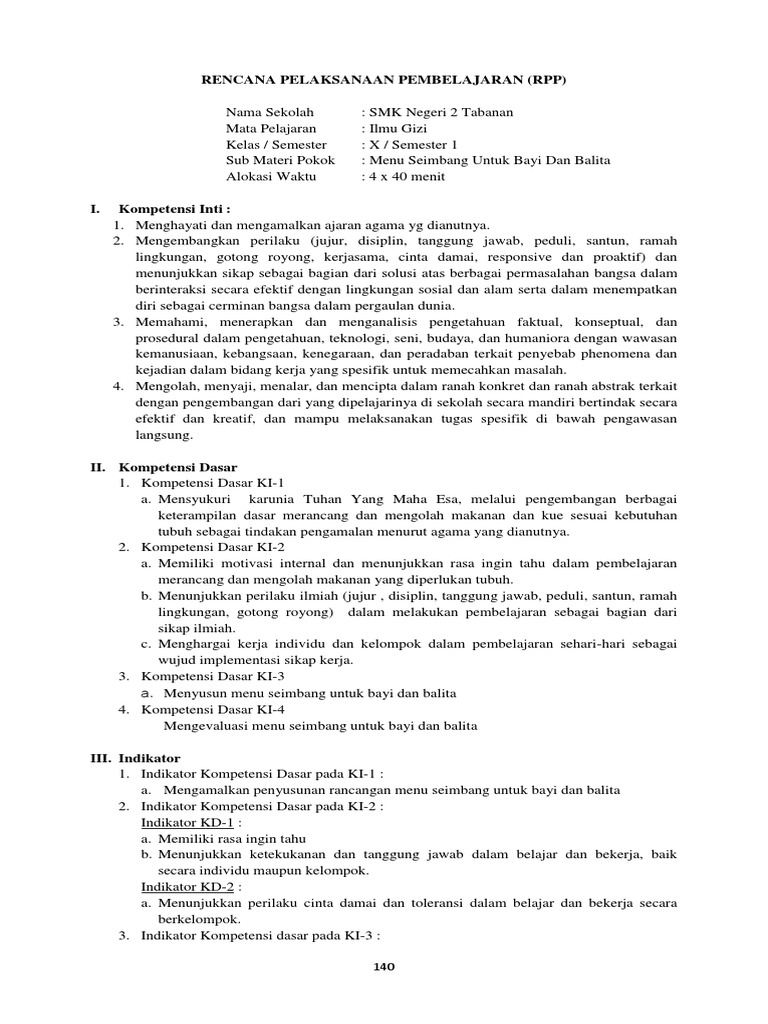 RPP Menu Seimbang Bayi Dan Balita | PDF