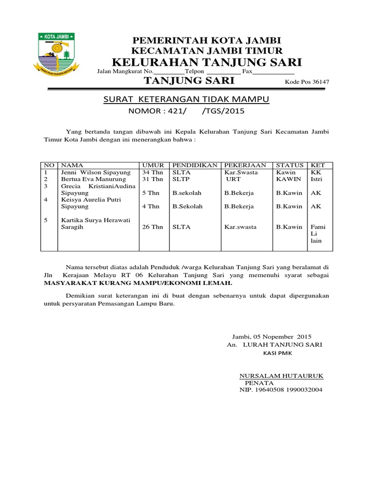 Surat Keterangan Tidak Mampu Baru