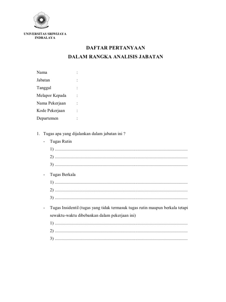 Daftar Pertanyaan Analisis Jabatan