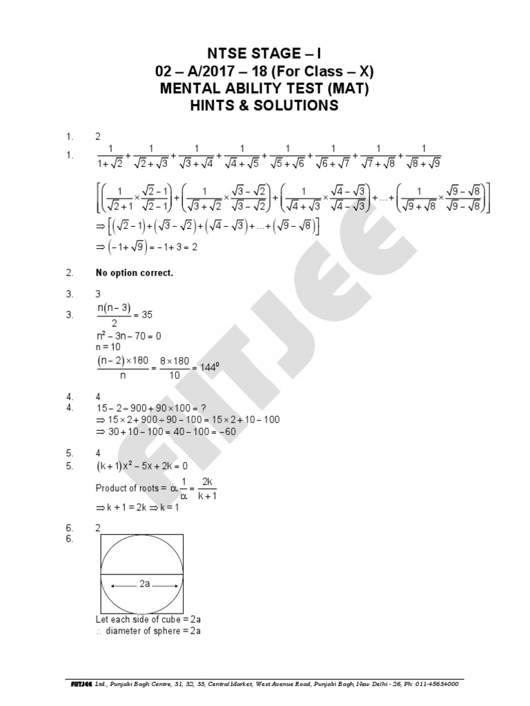 Ntse Stage I 02 A/2017 18 (For Class X) Mental Ability Test