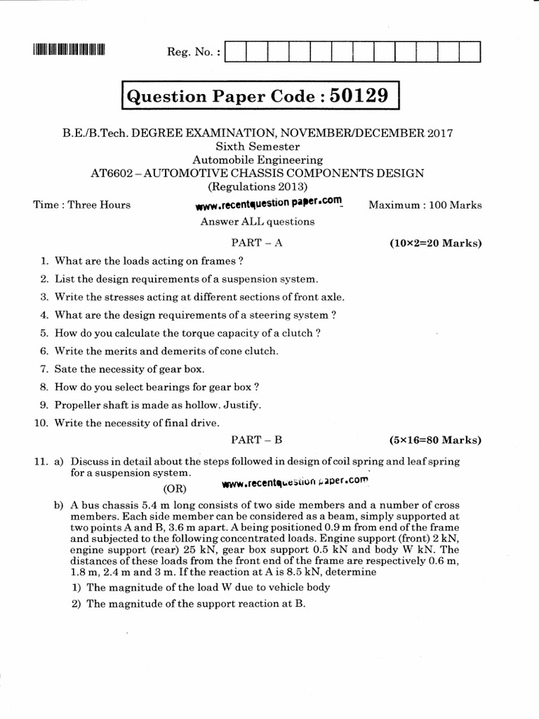 AT6602 Automotive Chassis Components Design Question Paper Nov Dec 2017 Download Free PDF