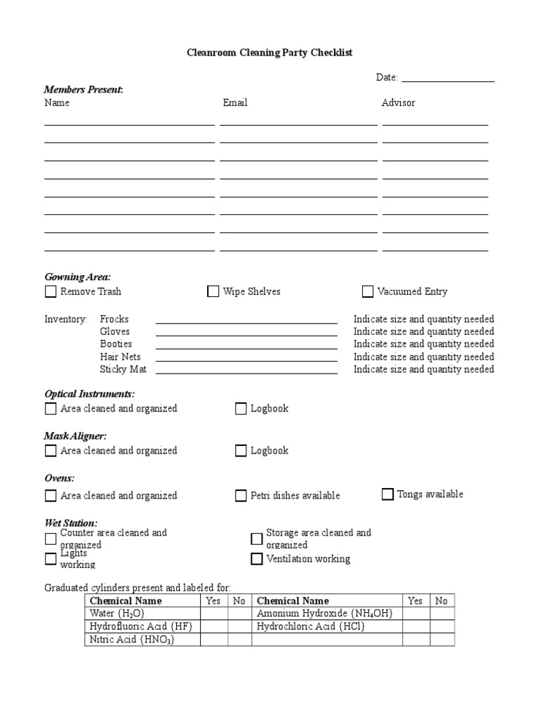 Cleanroom Cleaning Party Checklist PDF Chemical Substances
