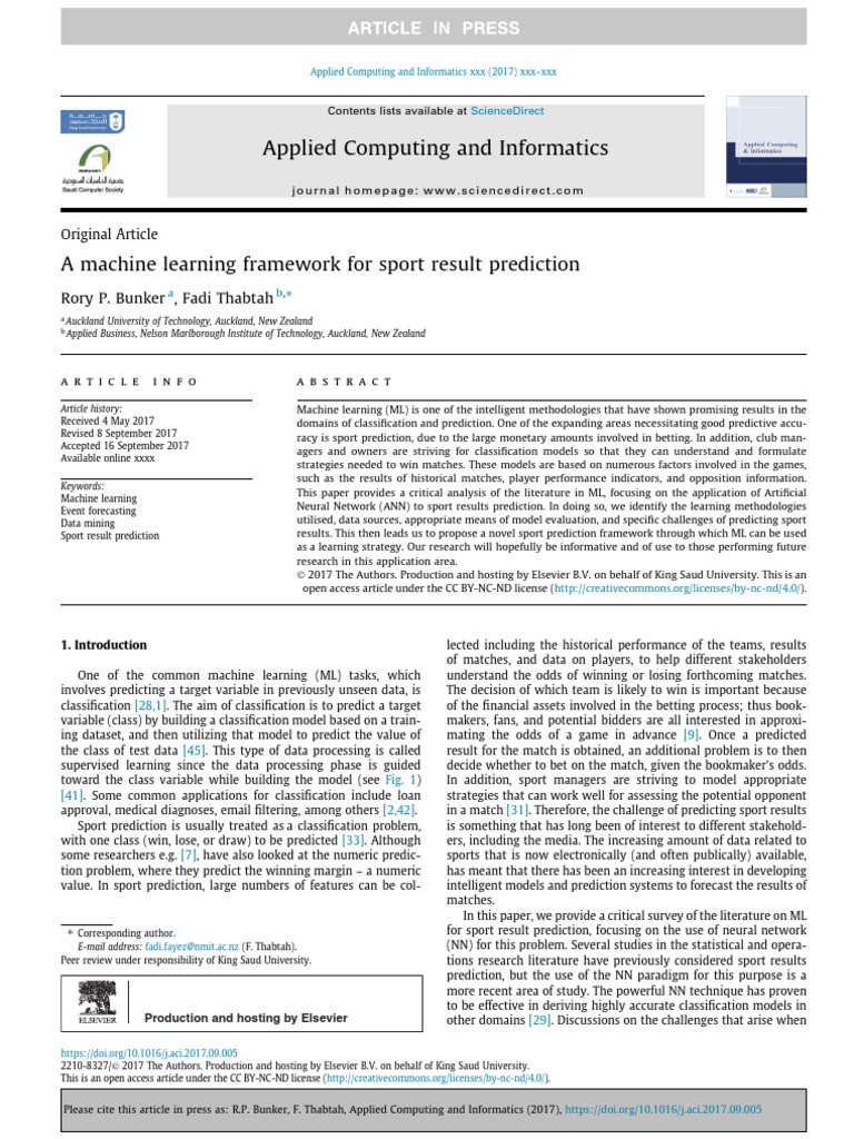A Machine Learning Framework For Sport Result Prediction | PDF ...