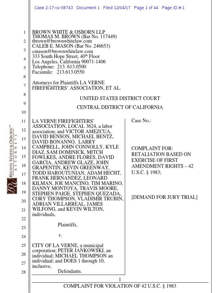 La Verne Firefighters' Retaliation Case | PDF | Complaint | Firefighter
